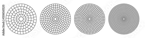 Paved circle pattern tile. Circular brick mosaic. Round radial stone pavement. Paving tile simple floor texture. Black line. Vector illustration isolated on white background.
