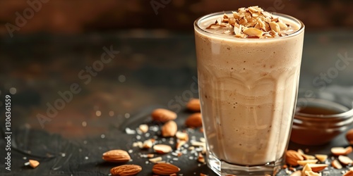 Date shakes with almond milk, walnuts, chocolate and dried fruits all mixed together in a glass over a dark backdrop, Generative AI.