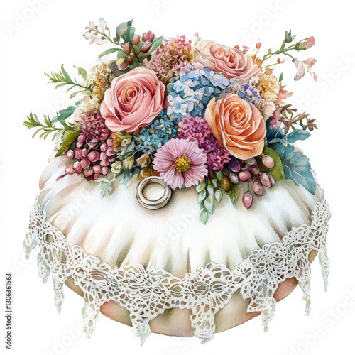 beautifully decorated cake adorned with colorful flowers and lace