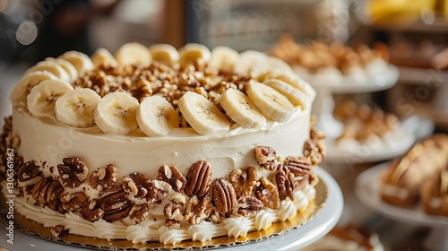 An illustration of an oval banana cake topped with butter frosting having almonds on the bottom tier and sliced bananas atop, Generative AI.