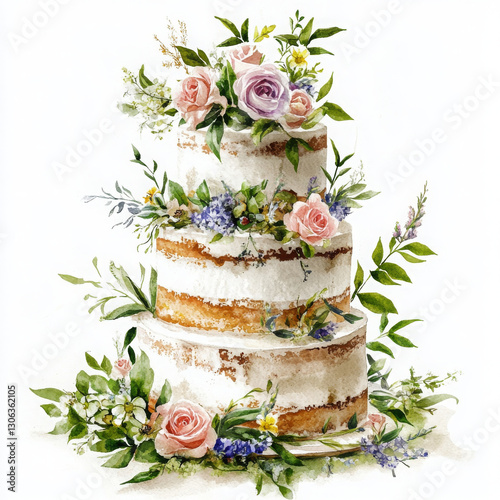 Three tiered wedding cake decorated with flowers and greenery