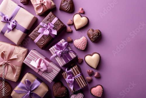 Top view of a Valentine's Day festivity with boxed gifts and candies over an attractive pink backdrop with content space, Generative AI.