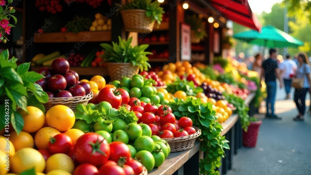 A vibrant farmers market display showcasing an abundance of ripe, colorful fruits and vegetables in wicker baskets, with blurred shoppers in the background creating a lively atmosphere. A vibrant farmers market display showcasing an abundance of ripe, colorful fruits and vegetables in wicker baskets, with blurred shoppers in the background creating a lively atmosphere.