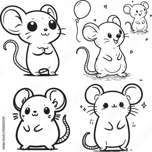 Cute Smiling Mouse Standing on Hind Legs - Simple Black and White Line Art Coloring Pages