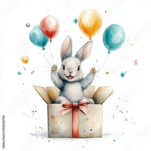 cute rabbit celebrating with balloons in gift box, joyful and colorful