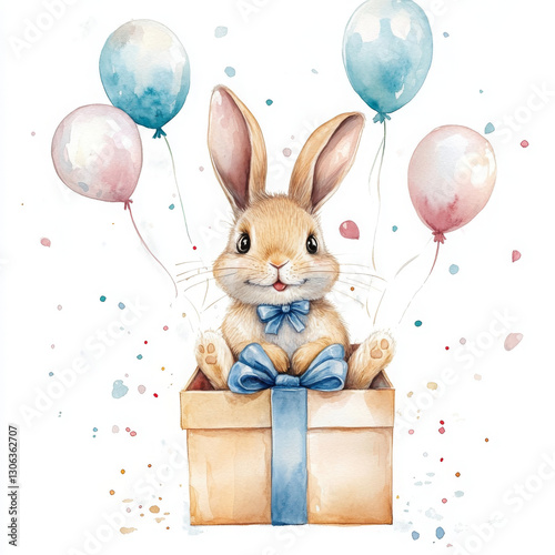 Cute rabbit in gift box with colorful balloons, perfect for celebrations