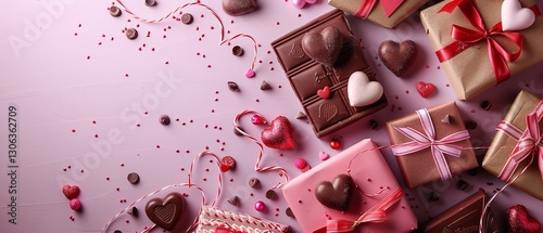 Top view of a Valentine's Day festivity with boxed gifts and candies over an attractive pink backdrop with content space, Generative AI.