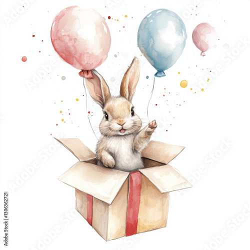 Cute rabbit in box holding balloons, perfect for celebrations
