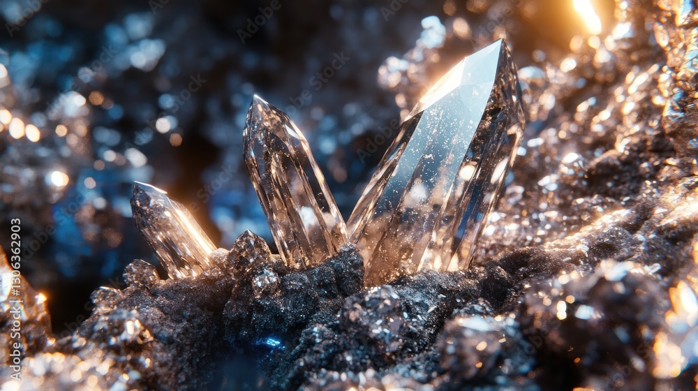 Obraz premium Glowing crystals emerge from dark, metallic cave