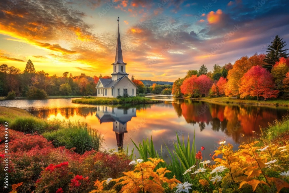 Fototapeta premium Serene Autumn Sunset Reflecting on a Picturesque Chapel by a Calm Lake