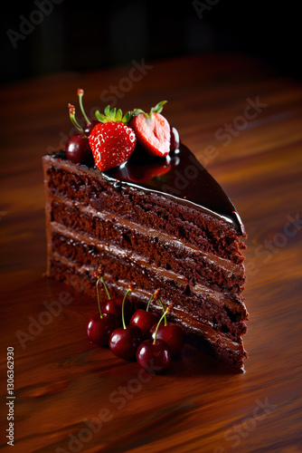 Chocolate cake slice with cherry and strawberry, bakery food photography 