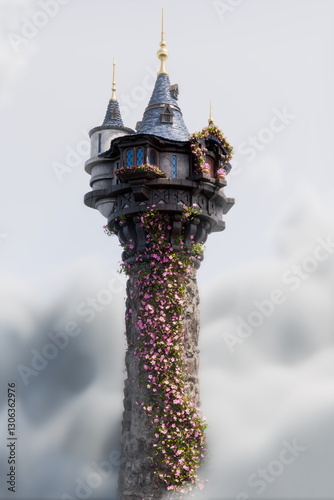 Billede på lærred majestic tower rises high, adorned with blooming flowers, capturing the essence of a fantasy world