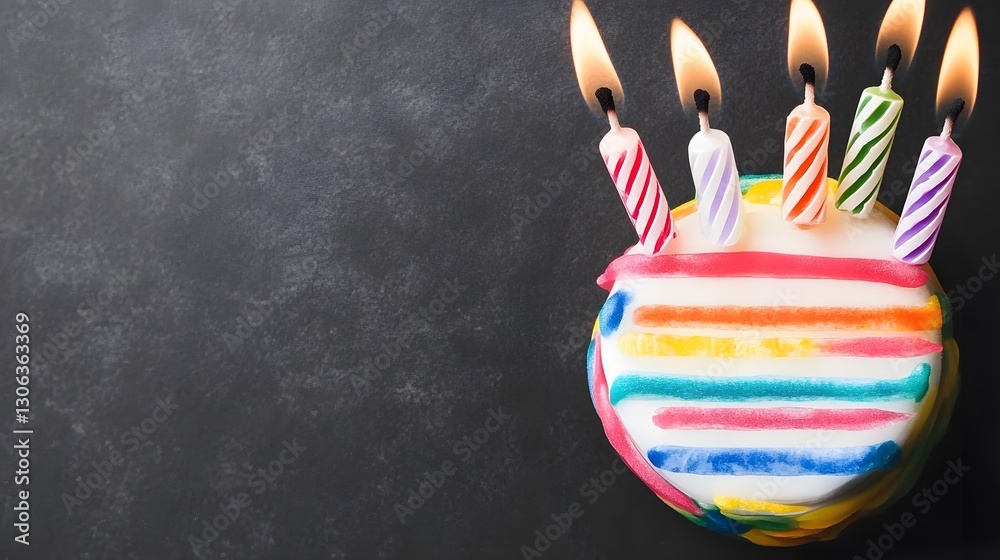 Obraz premium Rainbow Birthday Cake with Lit Candles Festive Treat