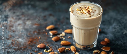 Date shakes with almond milk, walnuts, chocolate and dried fruits all mixed together in a glass over a dark backdrop, Generative AI.