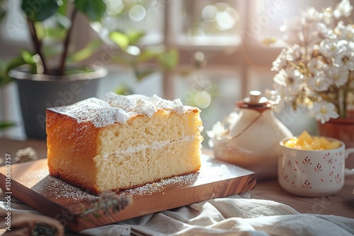 In-depth of an organic vanilla cake set on a tray of wood with fresh fruits and cream frosting on top captured from the outside, Generative AI.