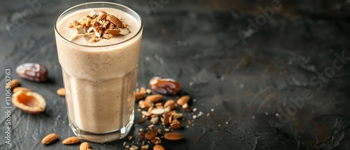 Date shakes with almond milk, walnuts, chocolate and dried fruits all mixed together in a glass over a dark backdrop, Generative AI.