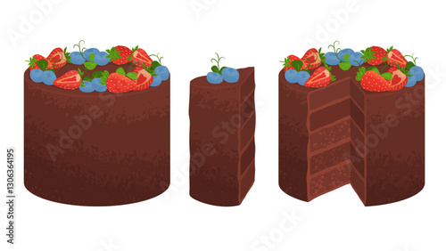 Birthday cake decorated with blueberries and strawberries. Whole and with a piece cut off. Wedding table decoration. Sweet chocolate confectionery with cream. Holiday greeting card. Vector food