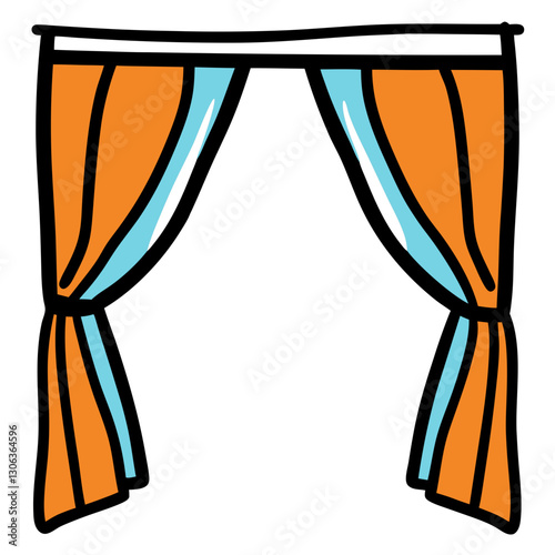 Cartoon-style orange and blue window curtains