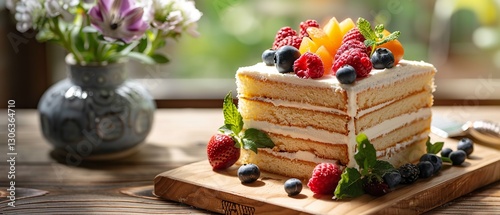 In-depth of an organic vanilla cake set on a tray of wood with fresh fruits and cream frosting on top captured from the outside, Generative AI.