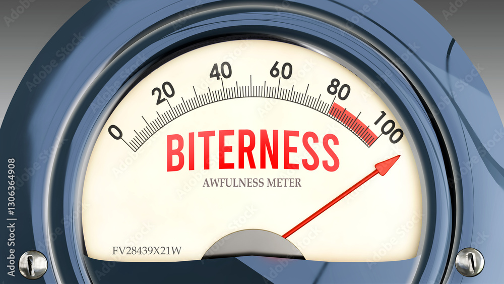 Obraz premium Biterness and Awfulness Meter that is hitting a full scale, showing a very high level of biterness, overload of it, too much of it. Maximum value, off the charts. ,3d illustration