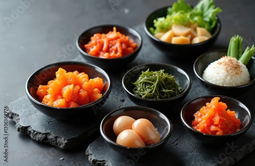 Assorted Korean side dishes kimchi, pickled vegetables, seaweed, eggs, rice in dark bowls. Traditional cookery, cuisine with spicey chili flavor. Healthy natural diet for nourishment, tasty photo