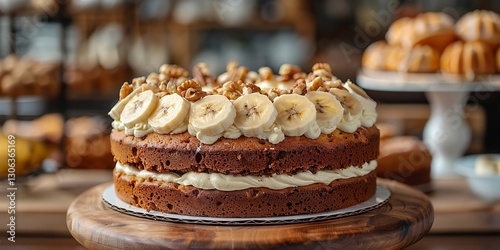 An illustration of an oval banana cake topped with butter frosting having almonds on the bottom tier and sliced bananas atop, Generative AI.