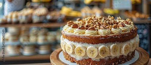 An illustration of an oval banana cake topped with butter frosting having almonds on the bottom tier and sliced bananas atop, Generative AI.