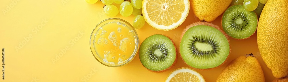 Fototapeta premium Fresh juice, kiwi, lemon, grape on yellow. Healthy breakfast