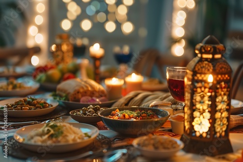 In Ramadan Kareem, a muslim family breaks fast, enjoys or celebrates a sacred rite by having iftar in the home, Generative AI.