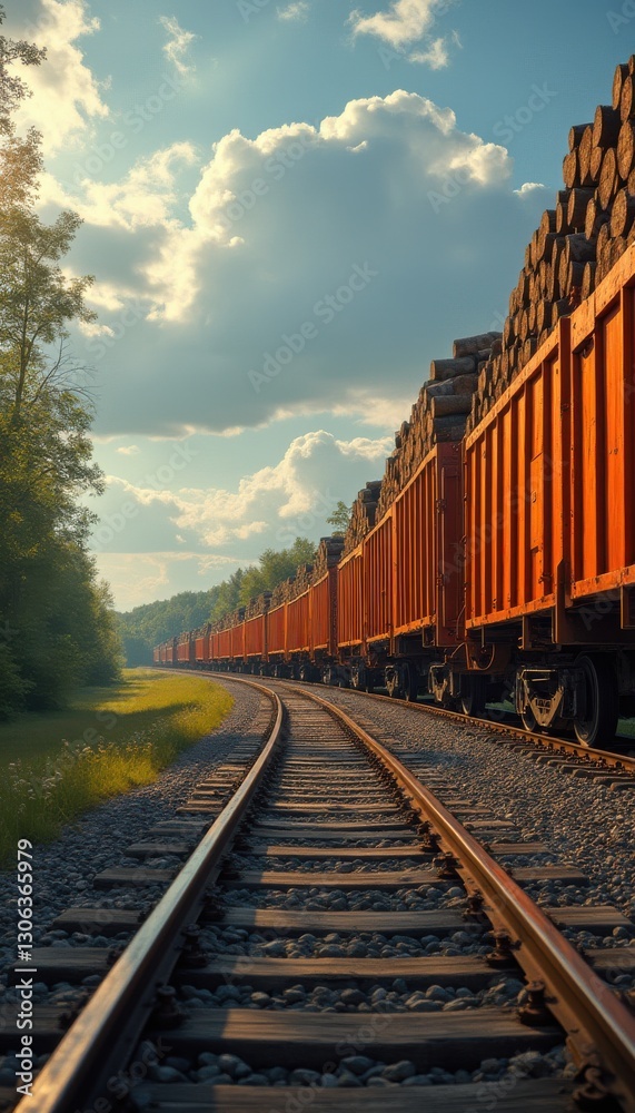 Fototapeta premium Cinematic view of a long freight train transporting timber along a winding railway track near a forested area at sunset