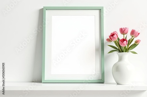 gentle mint photogram with white background stands on white wooden shelf, minimalist elegant spring  decoration, vase with tulips. Mock up for your idea. Springtime