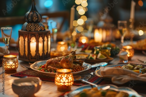 In Ramadan Kareem, a muslim family breaks fast, enjoys or celebrates a sacred rite by having iftar in the home, Generative AI.