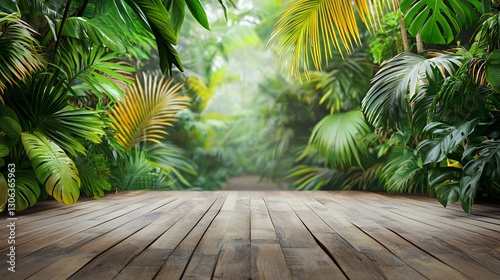 Lush Green Tropical Jungle with Wooden Planks