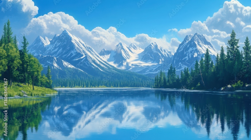 A tranquil lake with crystal-clear water reflects the majestic snow-capped mountain range and lush pine forest under a bright blue sky A tranquil lake with crystal-clear water reflects the majestic snow-capped mountain range and lush pine forest under a bright blue sky