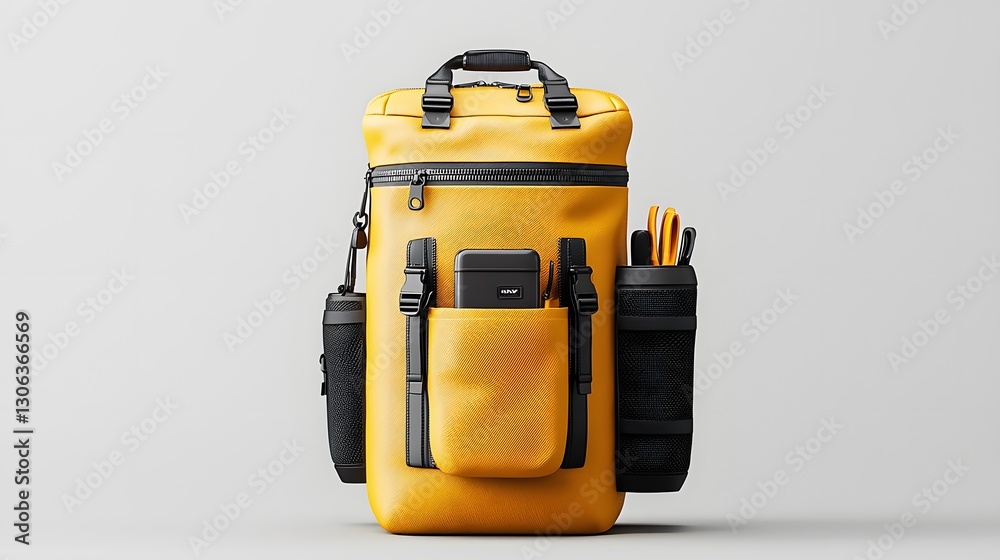Naklejka premium Bright yellow waterproof dry bag perfect for keeping valuables safe and dry during the Songkran water festival in Thailand Isolated on a clean white background