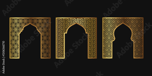 Frame gold shape set. Islamic door window and arch design. Oriental architecture elements template. Vector illustration