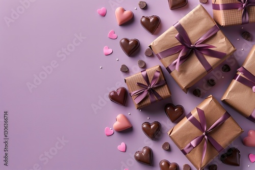Top view of a Valentine's Day festivity with boxed gifts and candies over an attractive pink backdrop with content space, Generative AI.