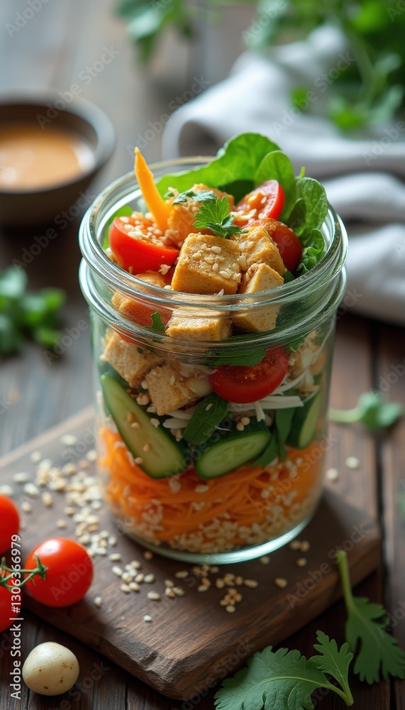Fresh vegetable salad jar featuring colorful layers of greens, tomatoes, and chicken on a rustic wooden surface