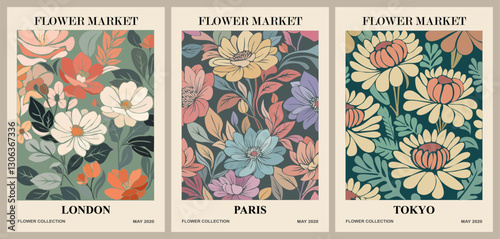 Set of abstract flower posters. Trendy botanical wall arts with floral design in dark green colors. Modern naive groovy funky interior decorations, paintings. Vector art illustration.