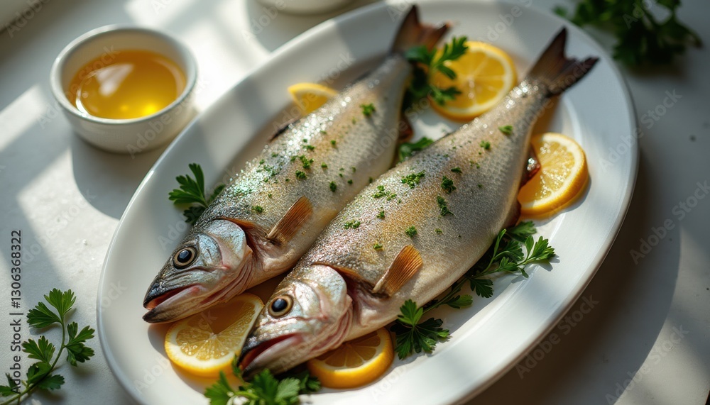 Cinematic presentation of two freshly caught fish garnished with herbs and lemon slices on a white plate Cinematic presentation of two freshly caught fish garnished with herbs and lemon slices on a white plate