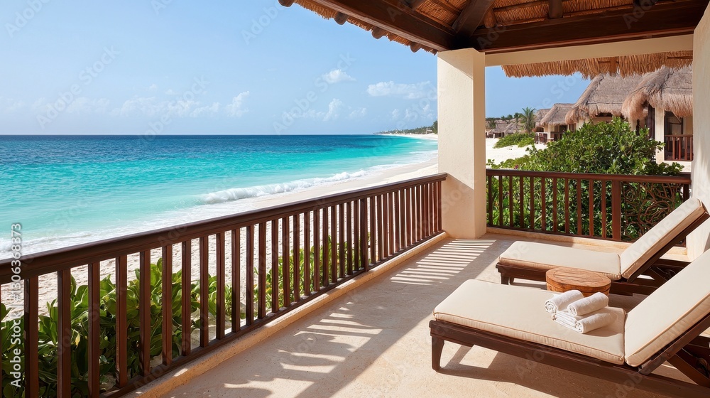 Fototapeta premium Serene Ocean View from Luxurious Beachside Villa Balcony Retreat