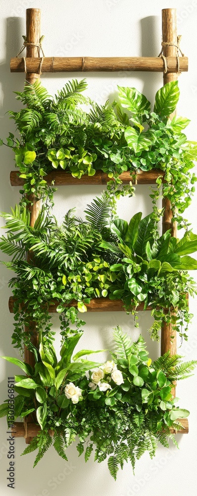Fototapeta premium Bamboo Ladder Shelf with Lush Greenery and White Roses.
