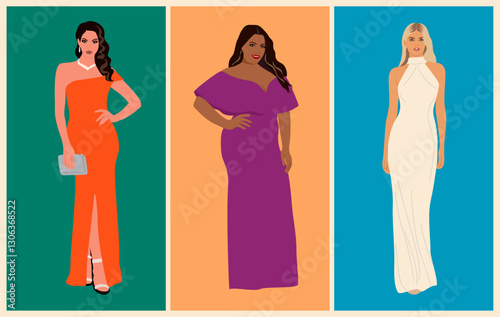 Set of beautiful Women in fashion dress for evening or cocktail party, event, wedding. Pretty girls wearing stylish clothes, shoes. Vector realistic illustration isolated on colorful background.