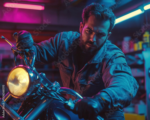 Bearded man on a motorcycle in a dark garage with neon lights creating a cinematic and moody vibe

 photo