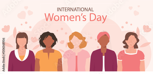 International Women's Day, diverse group of women, stylized illustration, pink background, minimalist portraits, female empowerment, unity in diversity, vector art style, pastel colors,