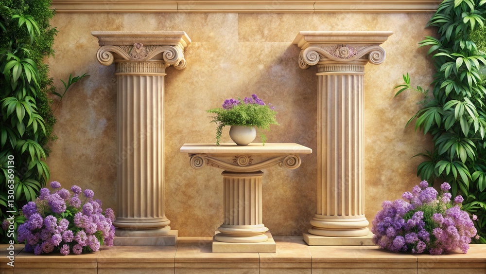 Naklejka premium Serene Garden Sanctuary with Classical Columns and Blooming Purple Flowers