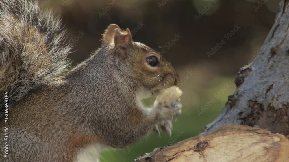 Cute Grey Squirrel Close Up Eating A Piece Of Bread Perched On A Tree Trunk Sunny Daytime Borehamwood Hertfordshire UK Cute Grey Squirrel Close Up Eating A Piece Of Bread Perched On A Tree Trunk Sunny Daytime Borehamwood Hertfordshire UK