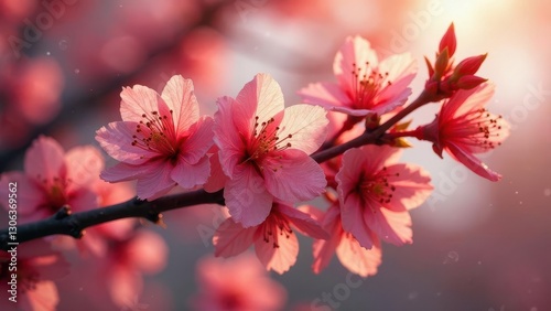 Delicate Pink Blossoms Illuminated by the Warm Glow of Sunset on a Branch