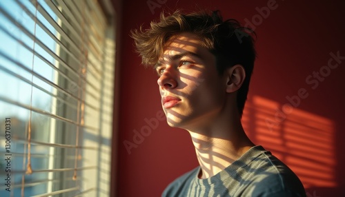 Cinematic portrait of a young man contemplatively gazing through window blinds in warm afternoon light