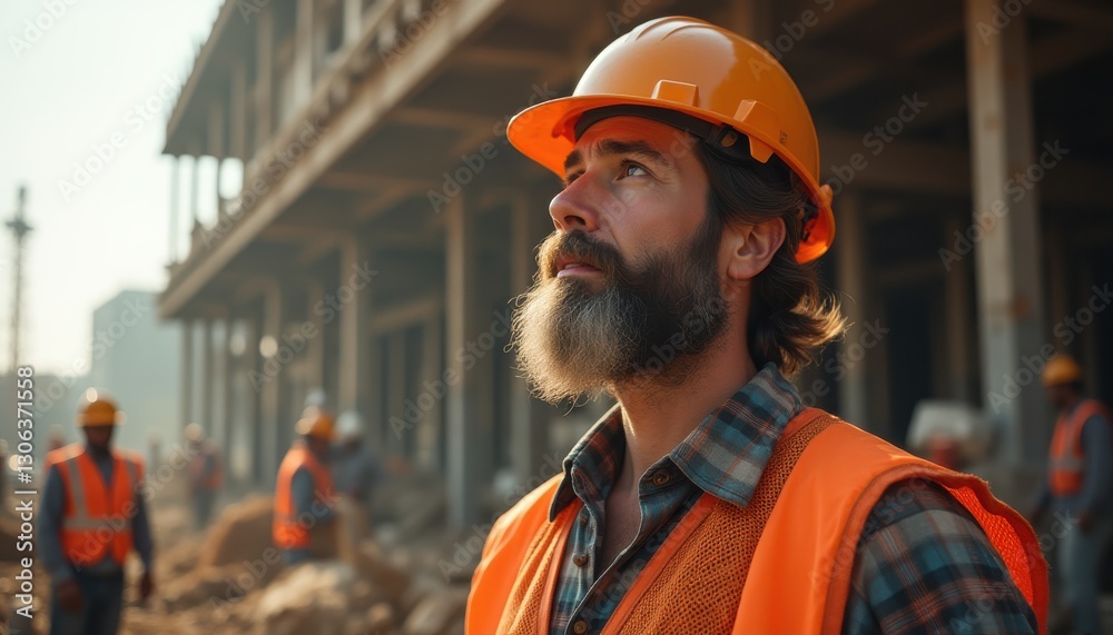 Fototapeta premium Confident co dev observing construction site progress in urban setting during golden hour